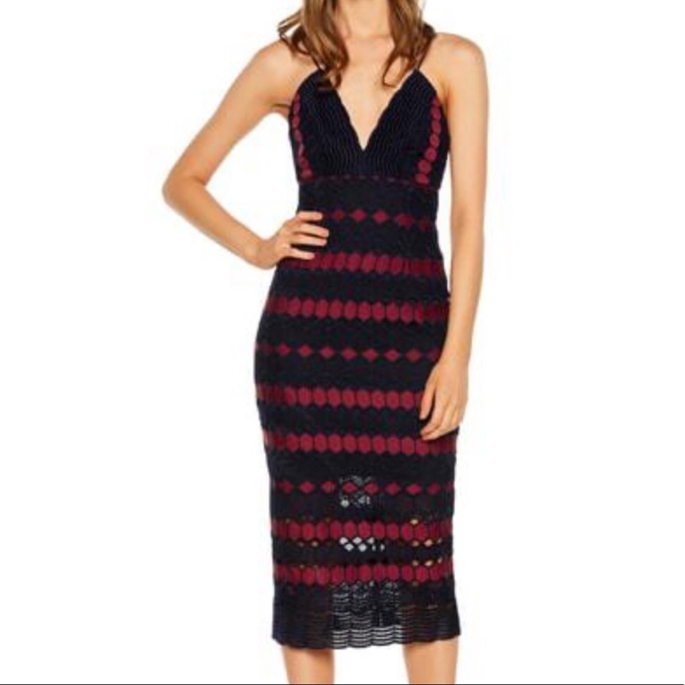 NWT Bardot navy & burgundy diamond lace dress, 12